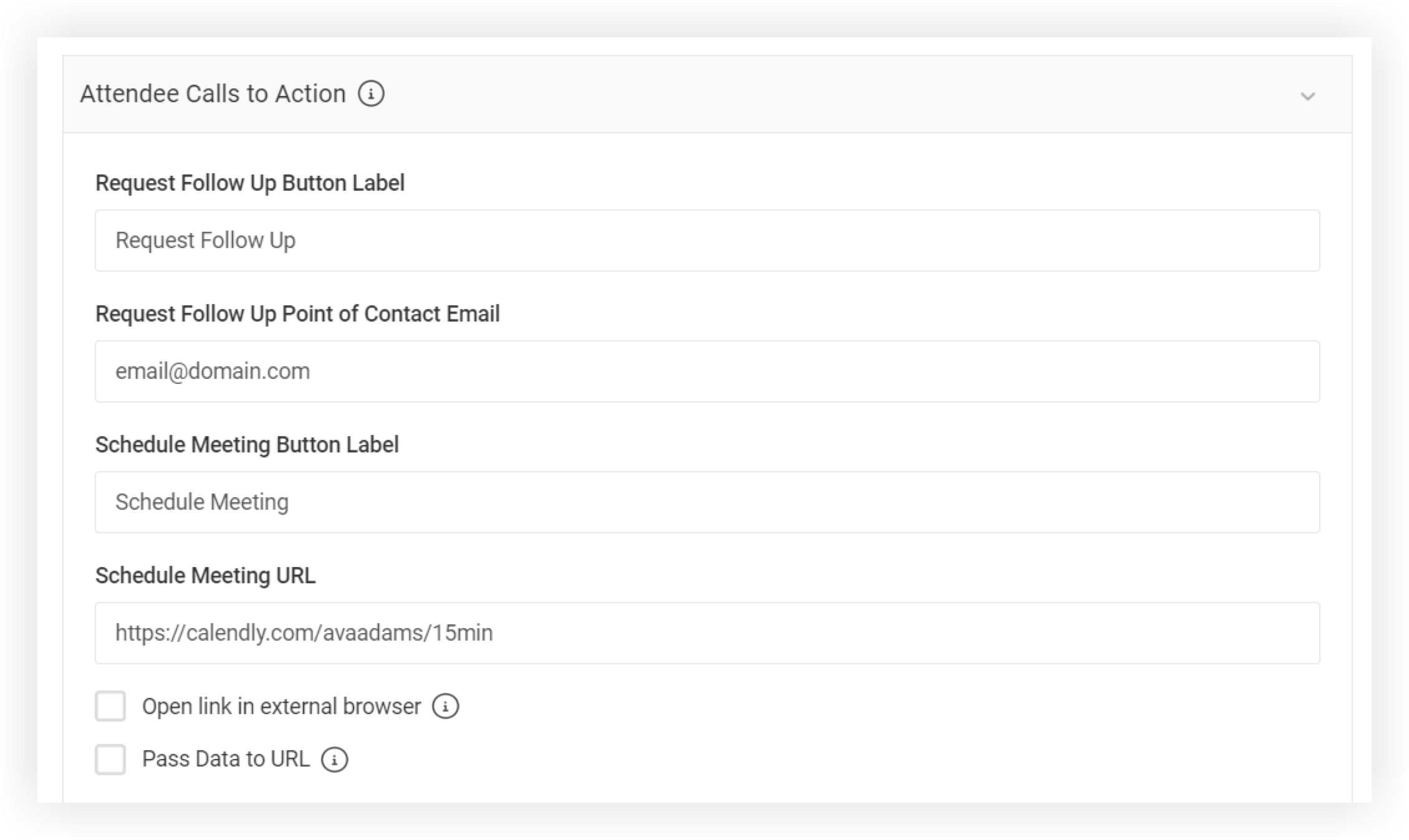 The Attendee Calls to Action section of the Add Item modal.