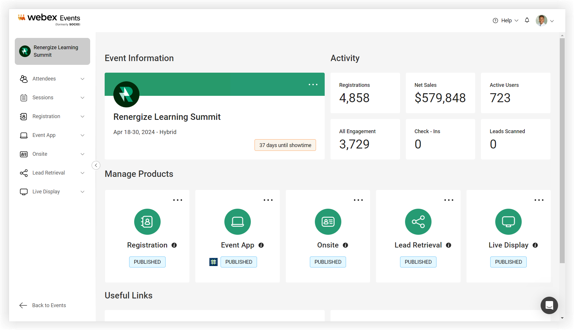The Event Overview page on the Webex Events platform.