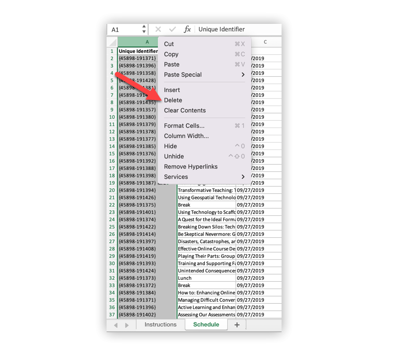 The delete option on the Unique Identifier column in a spreadsheet.