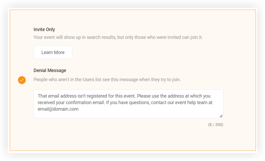 The Invite Only section of the Privacy Settings page. A custom Denial Message has been entered.