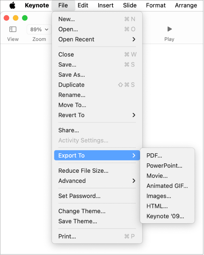Export To menu from Keynote, showing the PDF... option