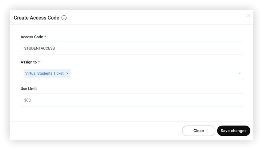 The Create Access Code modal.