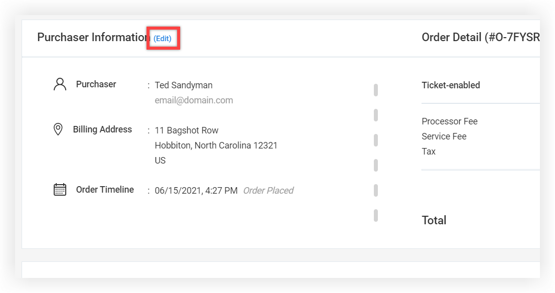 The Edit link in the Purchaser information section of an order.