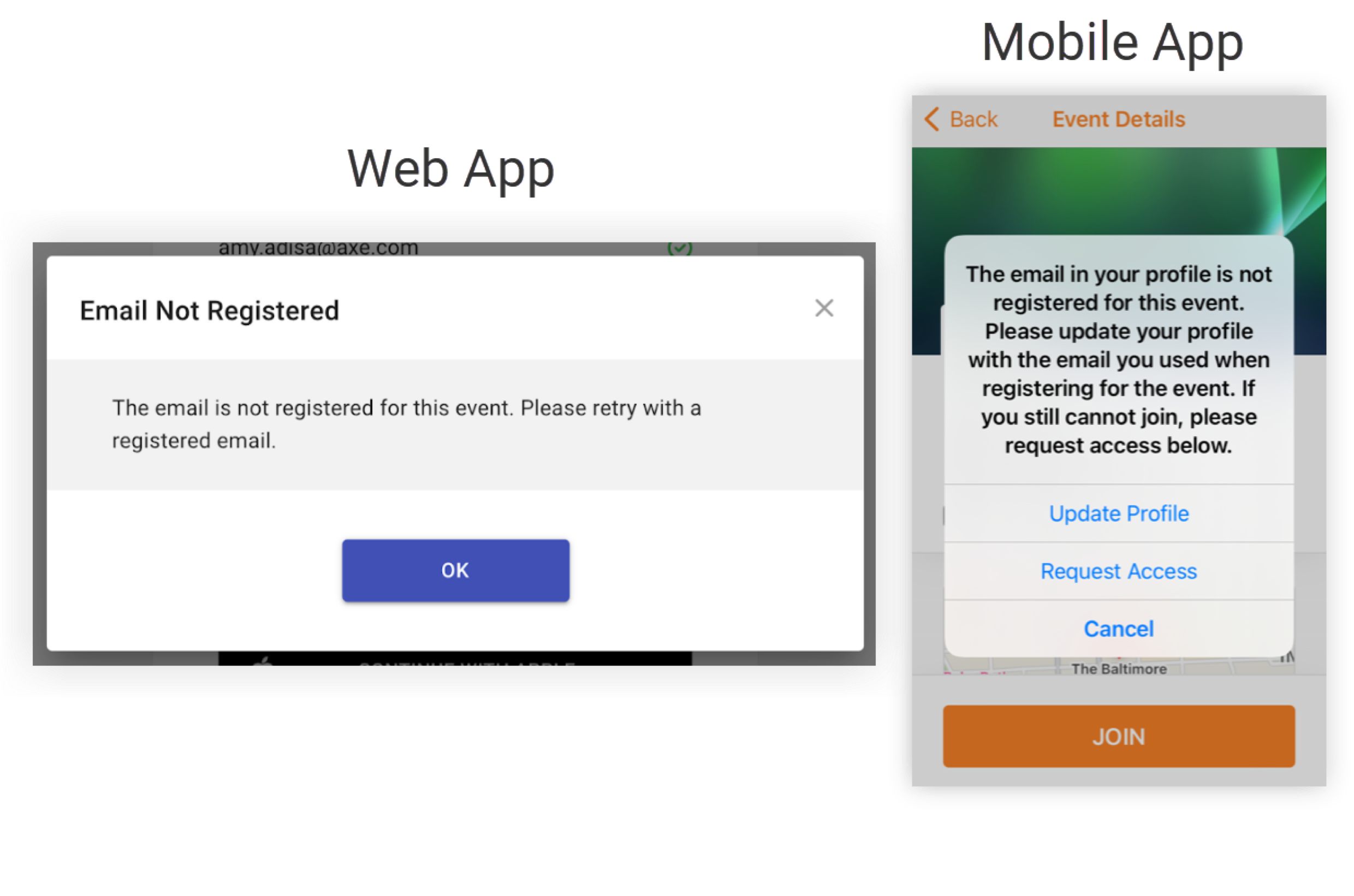 The error just mentioned as it appears on the Web App Mobile App.