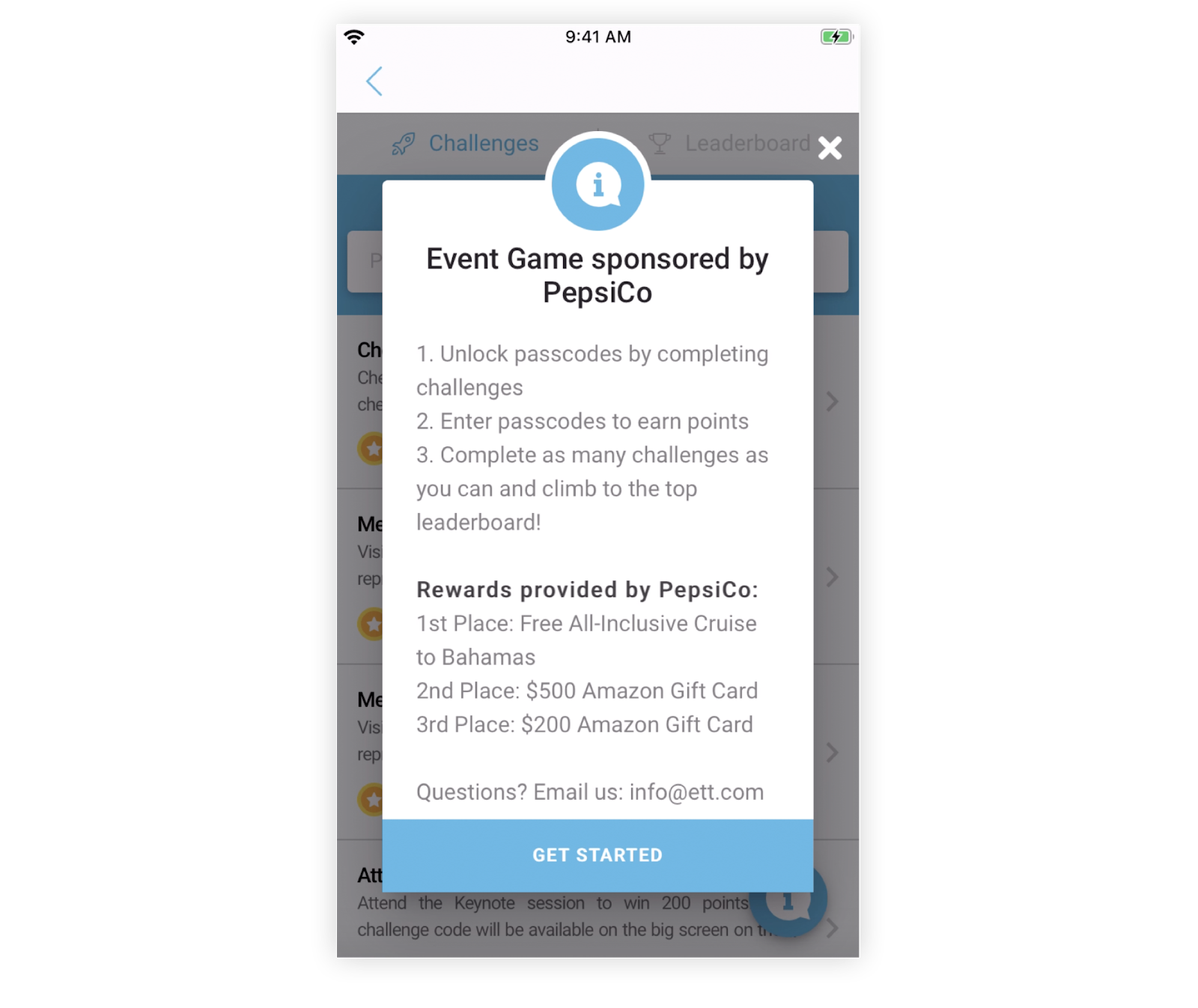 An Event Game rules modal in the Mobile App.