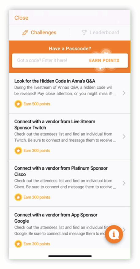 Animated GIF showing an attendee entering a Passcode into the Game feature.