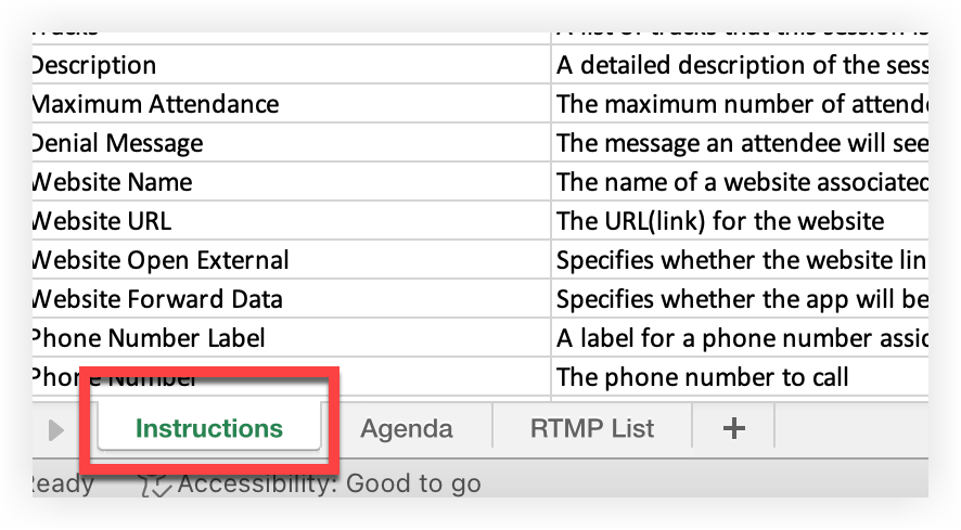 An import template file open in Excel. The Instructions sheet tab is indicated.