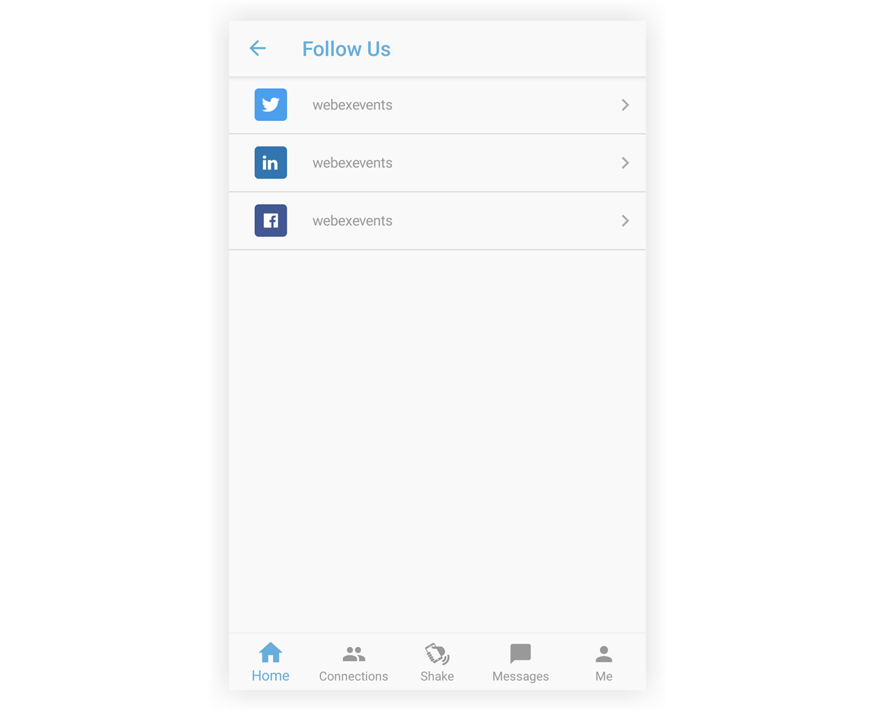 A list of links on the Follow Us feature on a mobile device.