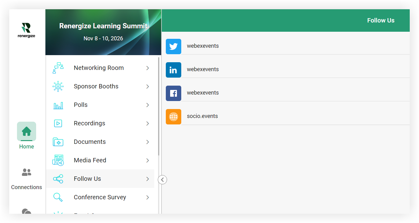 A list of items in the Follow Us feature on the web version of the Event App.