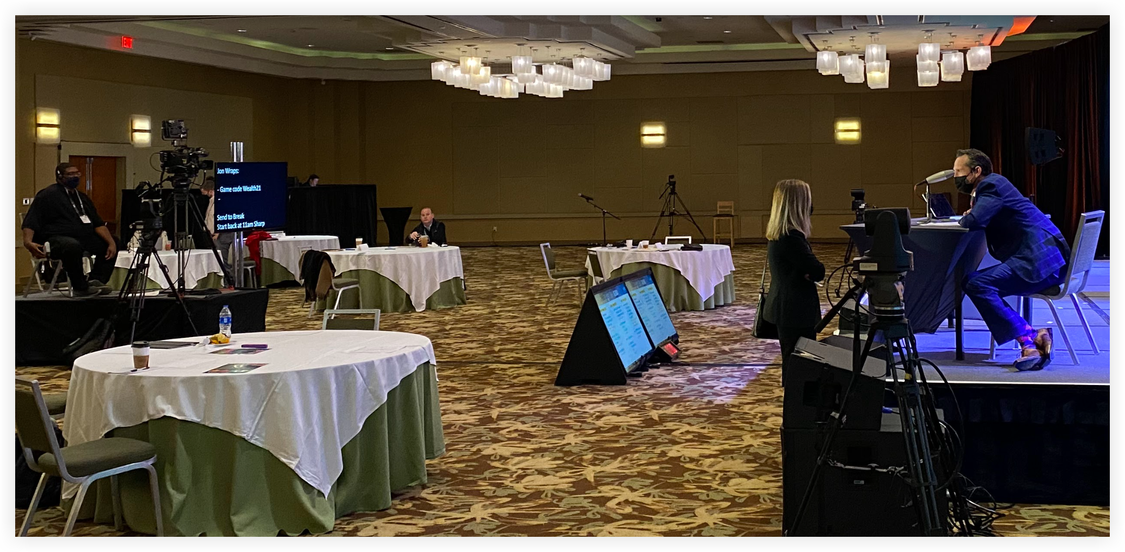 Picture of a stage on the right side with confidence monitors in front of it. A camera platform and operator are on the left side of the picture.