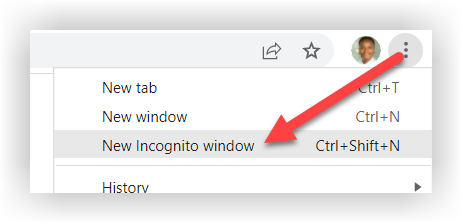 The 'Customize and control Google Chrome' menu in Chrome expanded. The New Incognito window item is indicated.