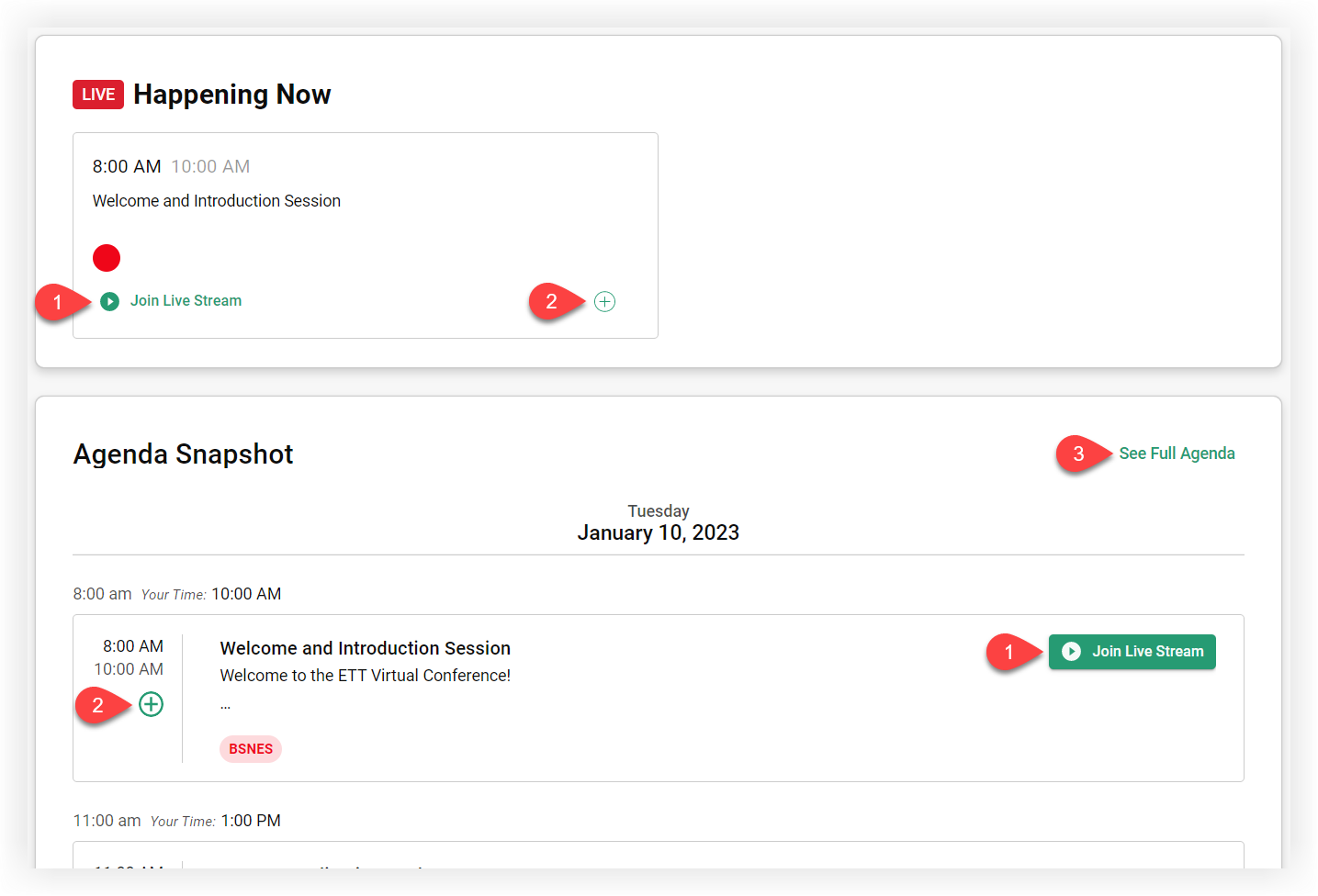The happening now and agenda modules in the Web App. Numbered arrows indicate the first three items noted above.