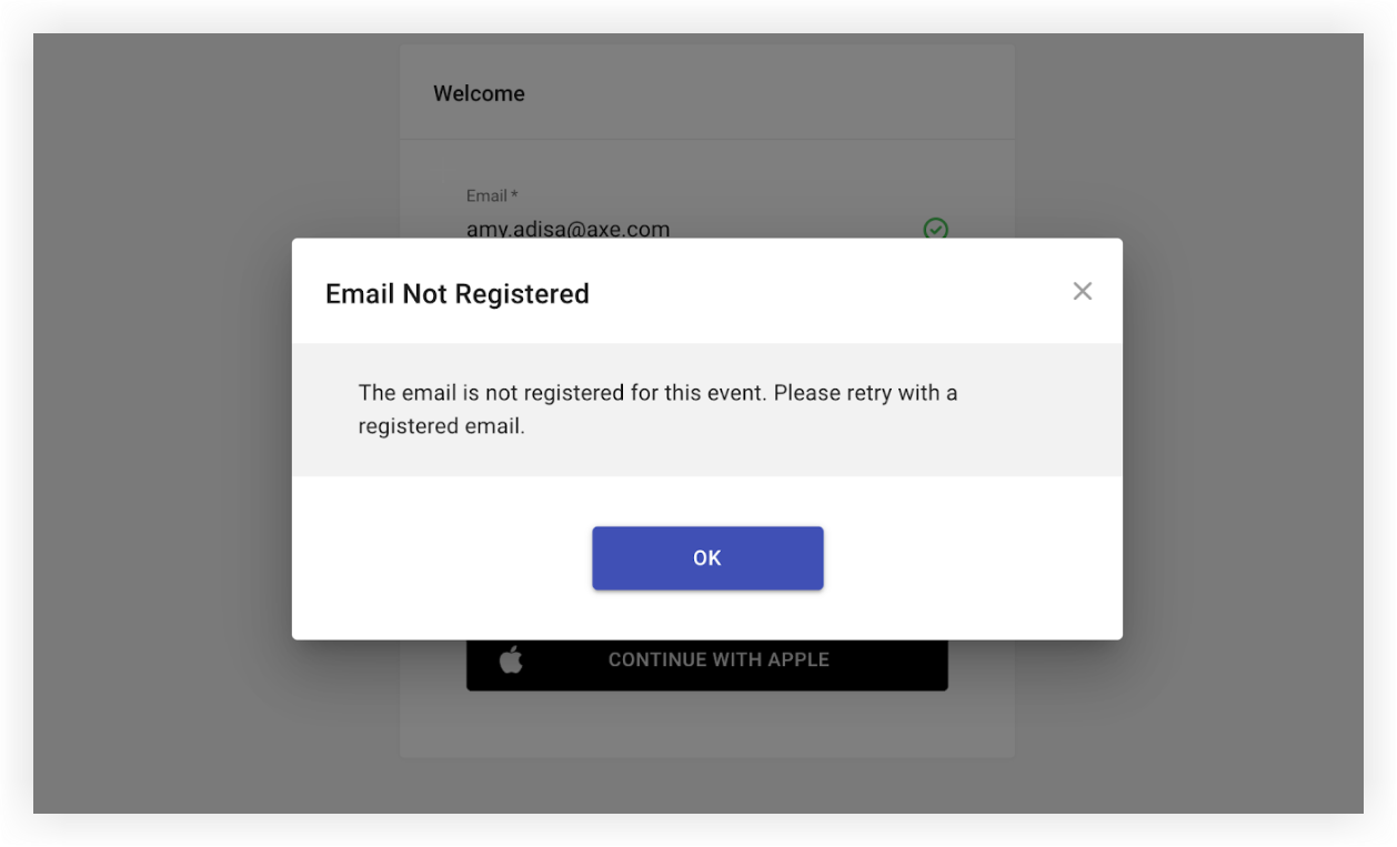 The Email Not Registered message on the Web App.