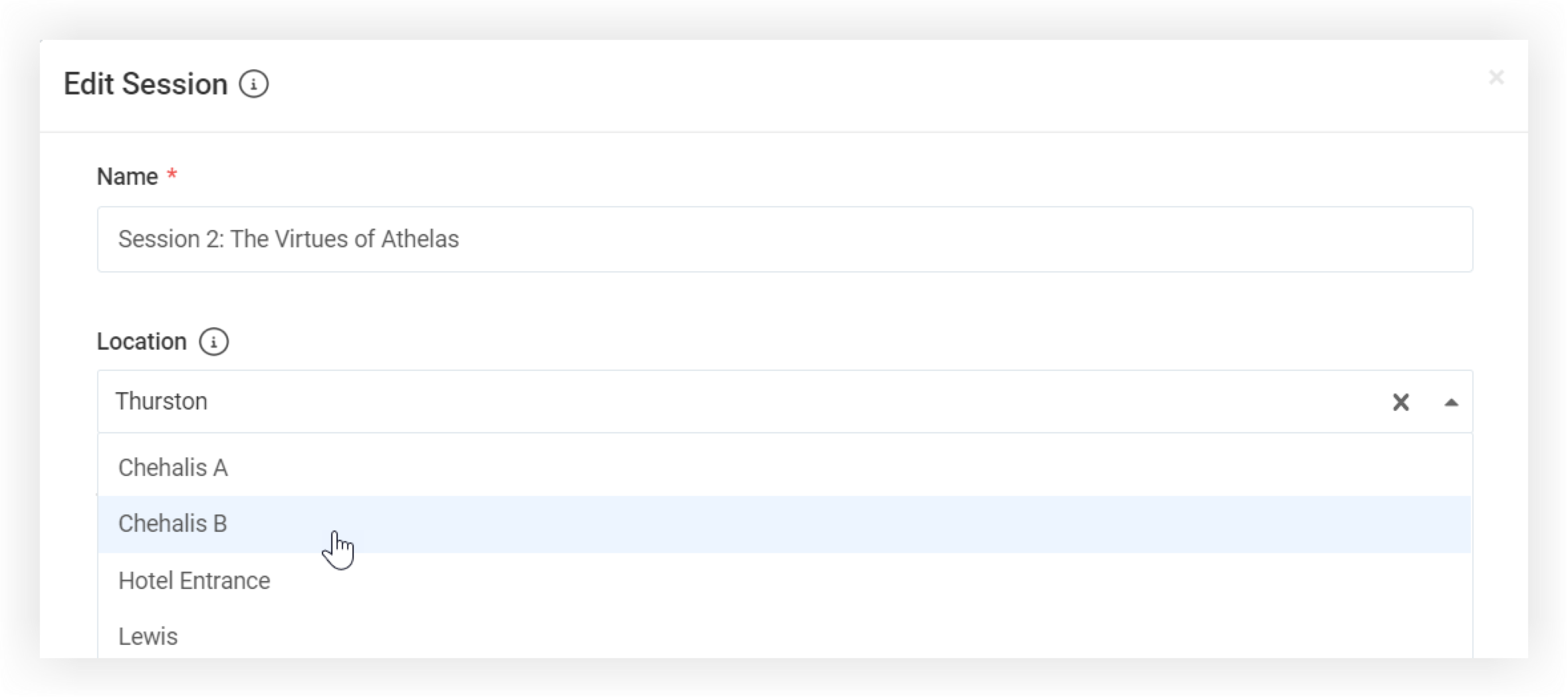 The Edit Session modal from the Agenda feature.