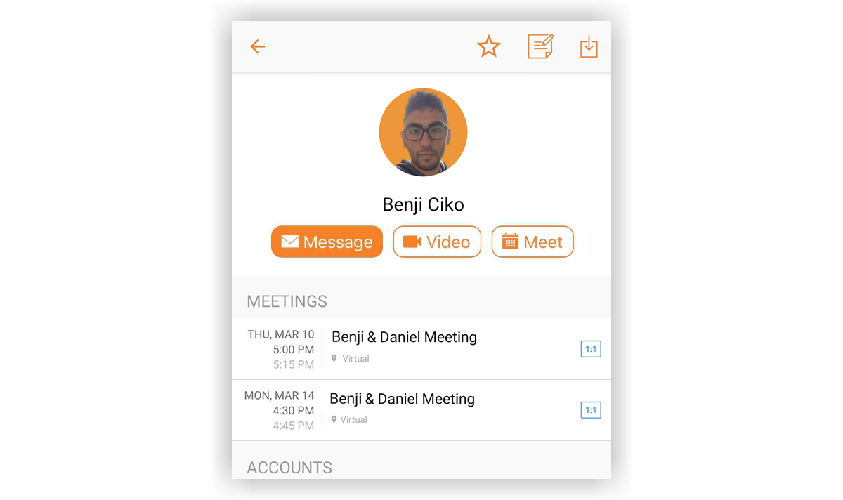 An attendee profile in the mobile app. The user has two meetings scheduled with them.
