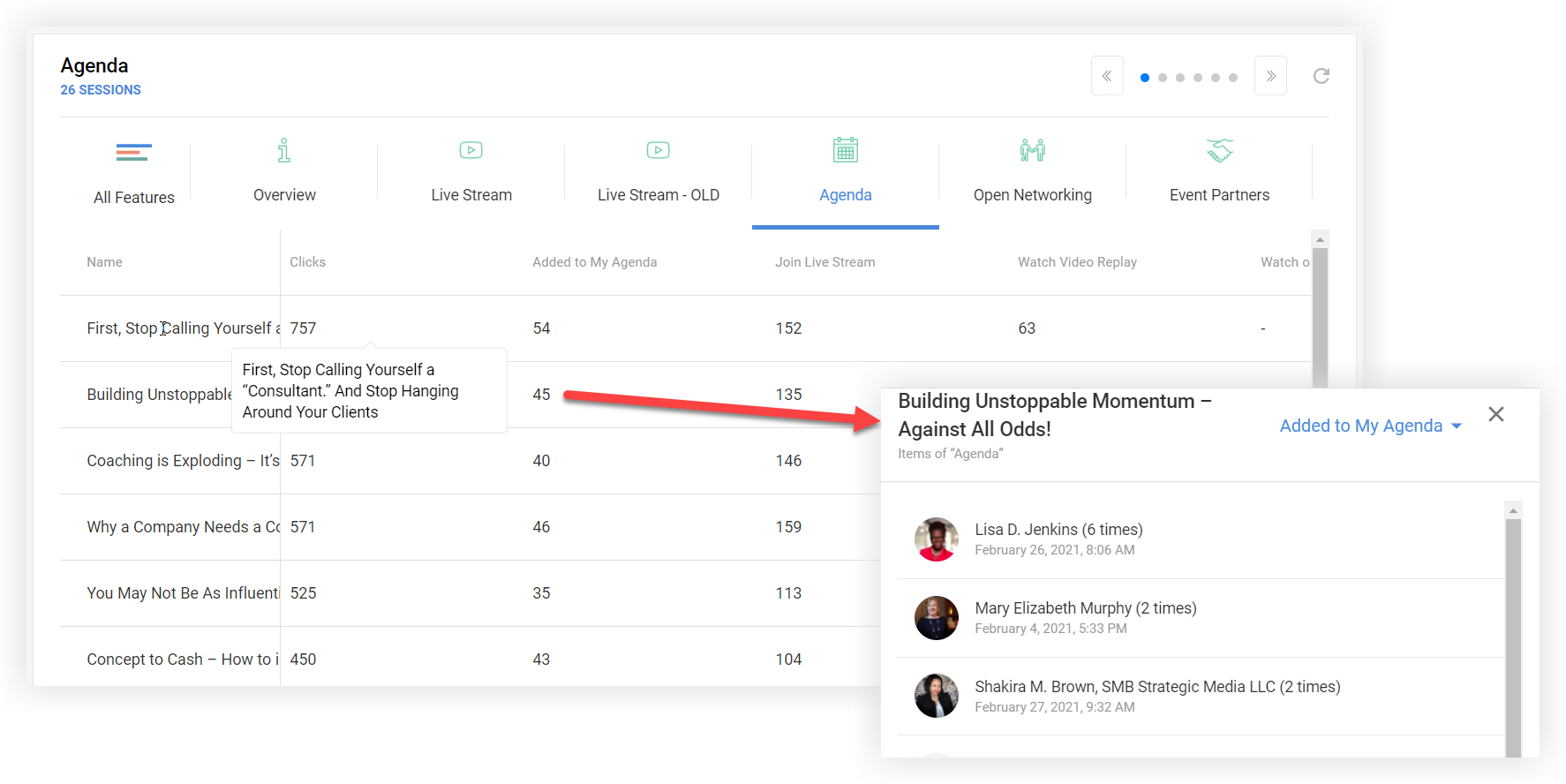 The Agenda feature selected and a preview of the items modal after a user clicked on a number.