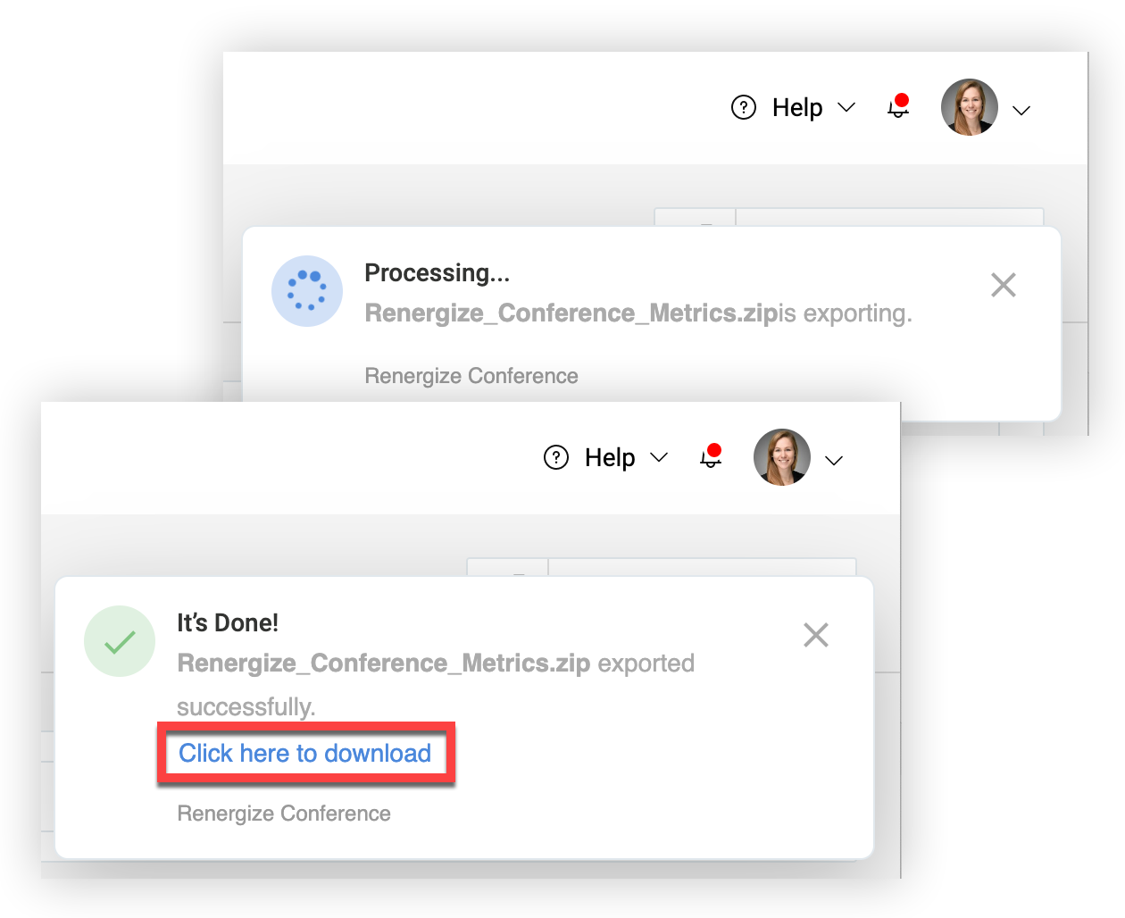 The 'Processing' and 'It's Done' export notifications. The 'Click here to download' link is indicated.