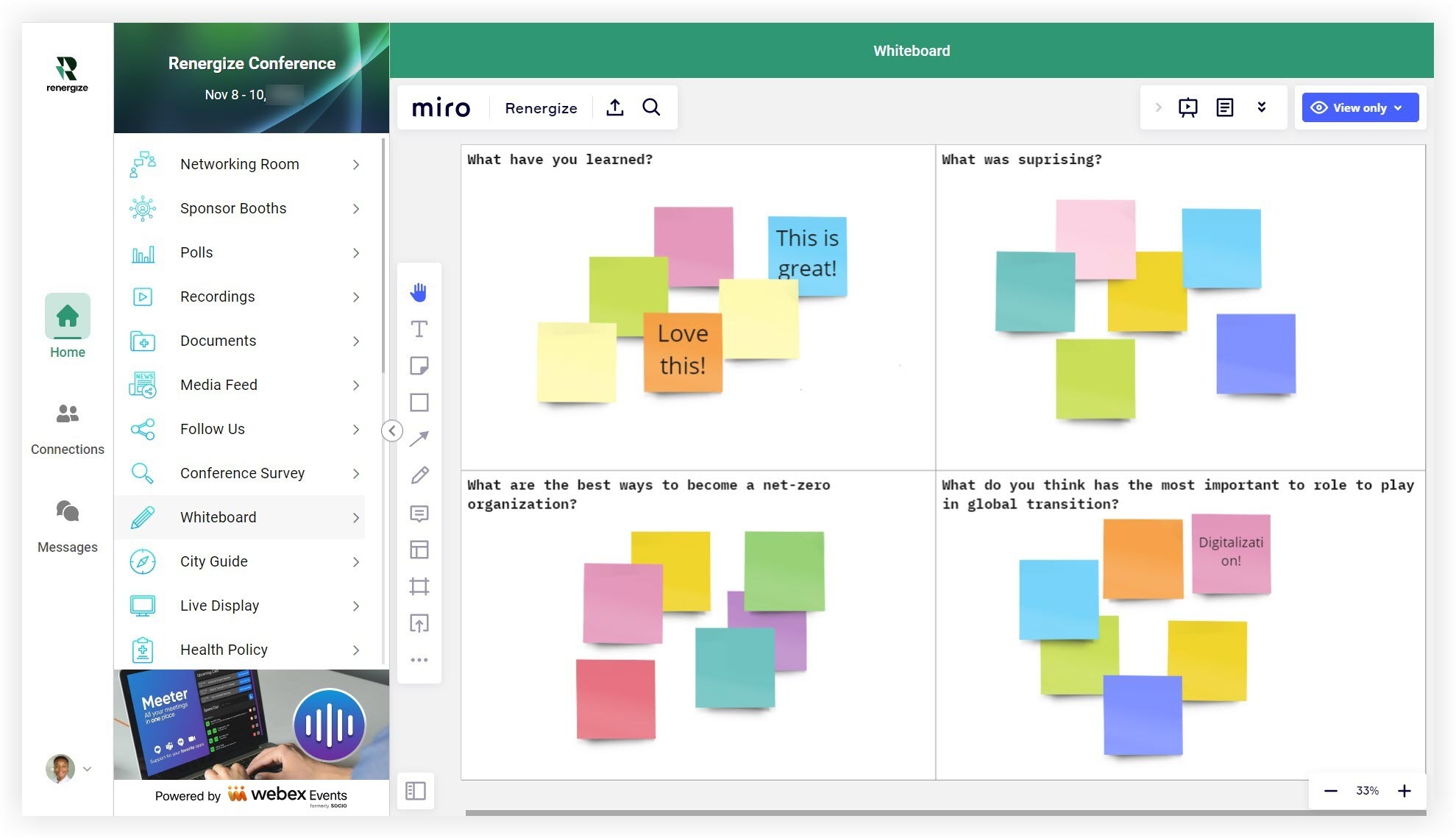 A Miro board embedded in a Webex Events Web App.