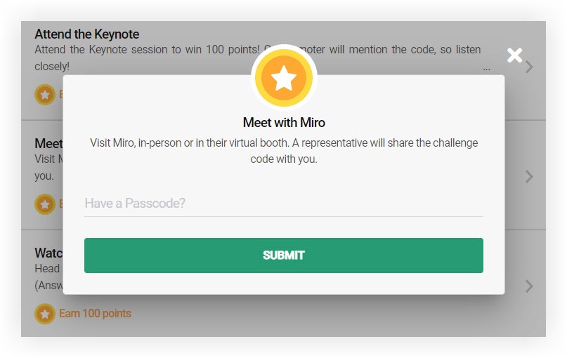 A Game challenge prompting attendees to visit a sponsor booth for a code.