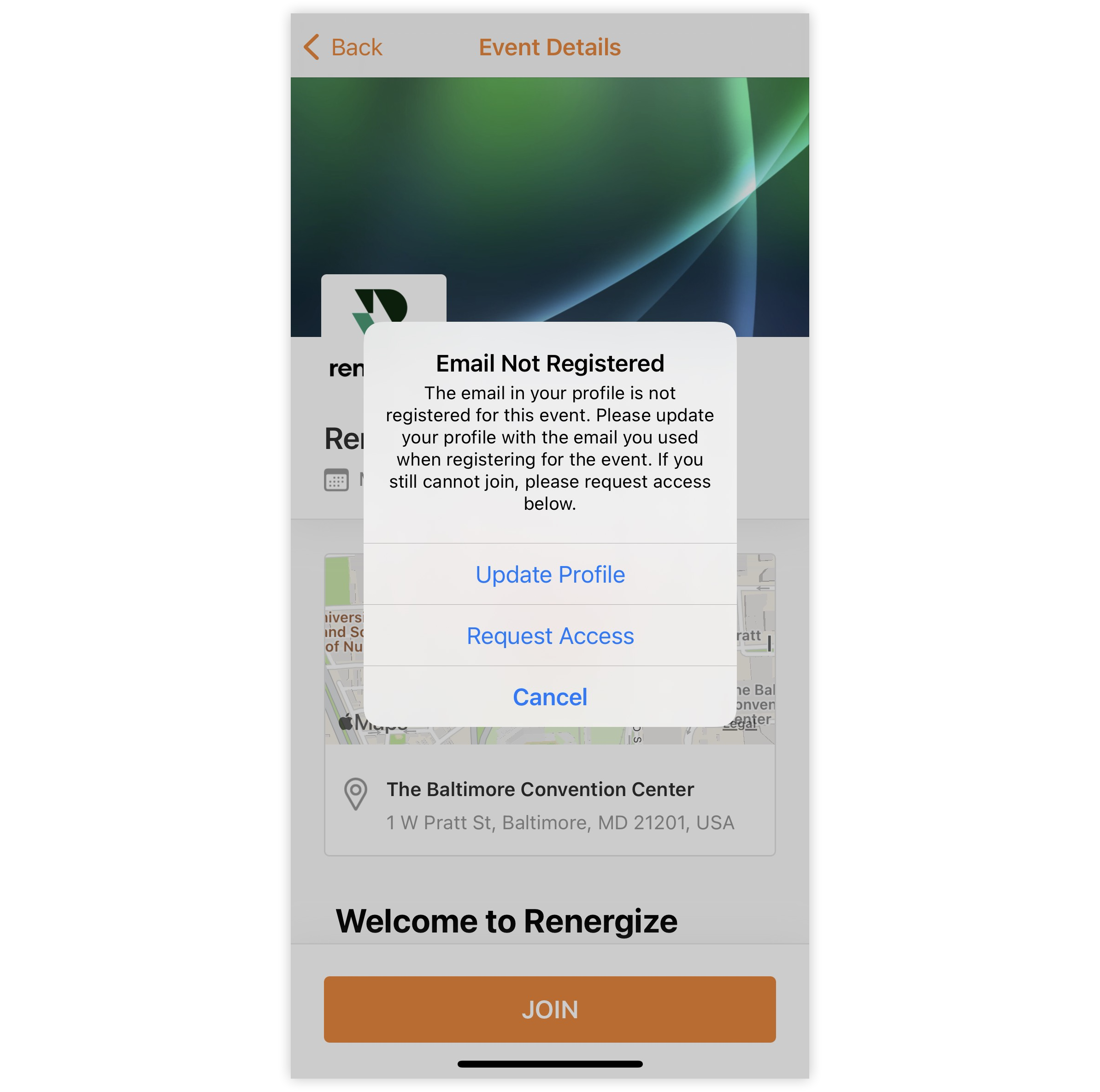 The Email not Registered message on the Mobile App.