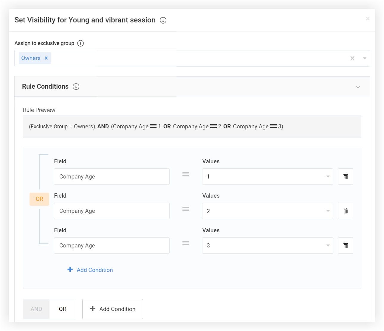 The Set Visibility modal with an OR condition added.