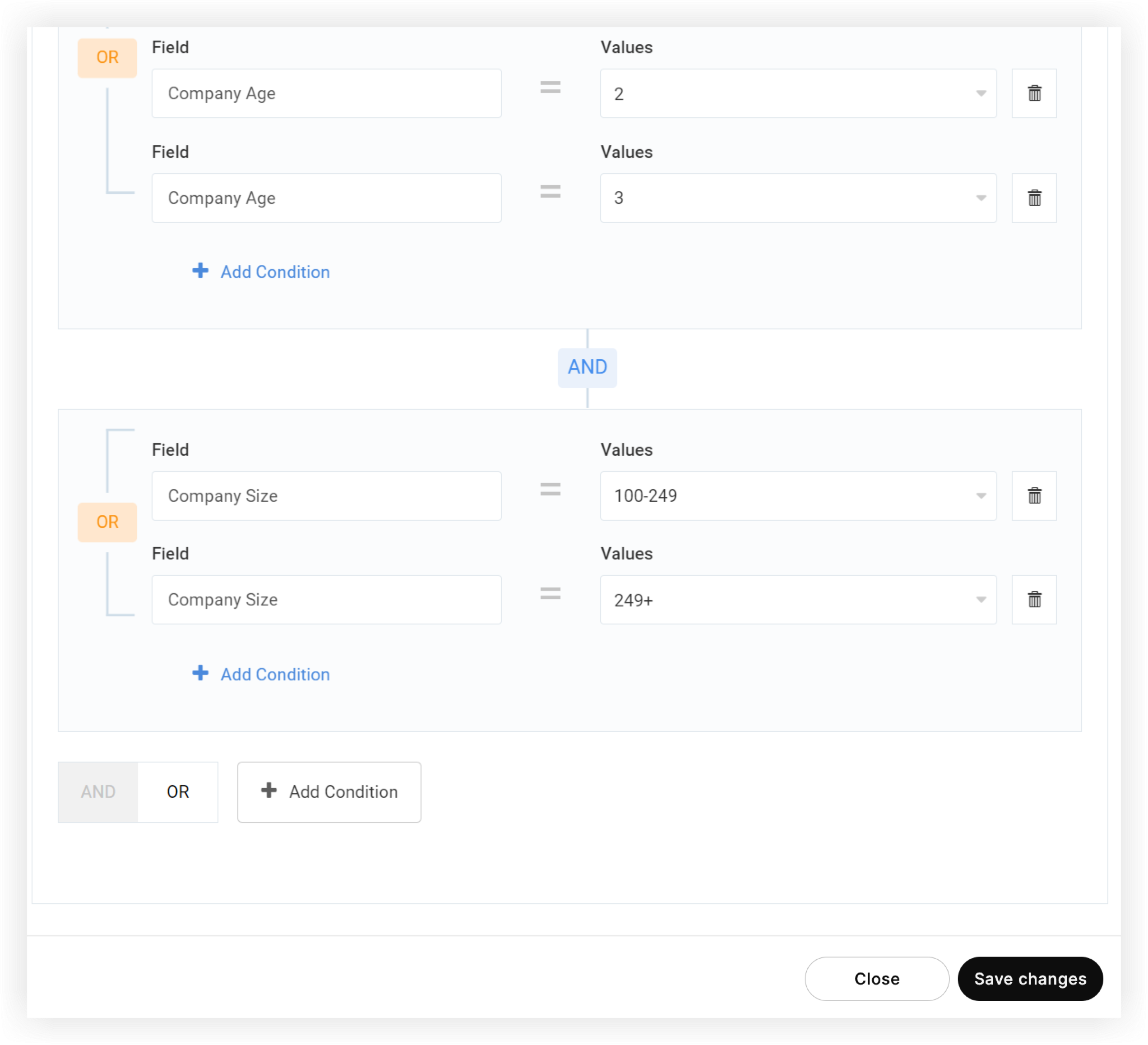 The Set Visibility modal with 'and' and 'or' conditions added.