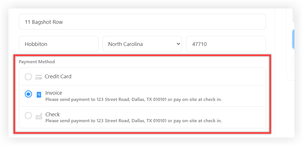 The Credit Card, Pay by invoice, and Pay by check options in a registration flow.