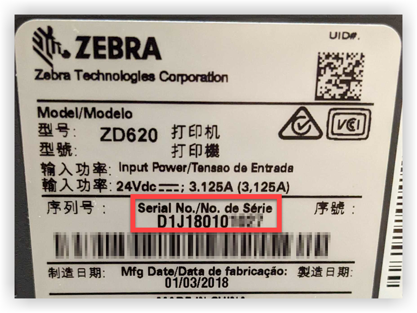 Picture of the sticker found on the bottom of a Zebra ZD620 printer. The serial number is indicated.