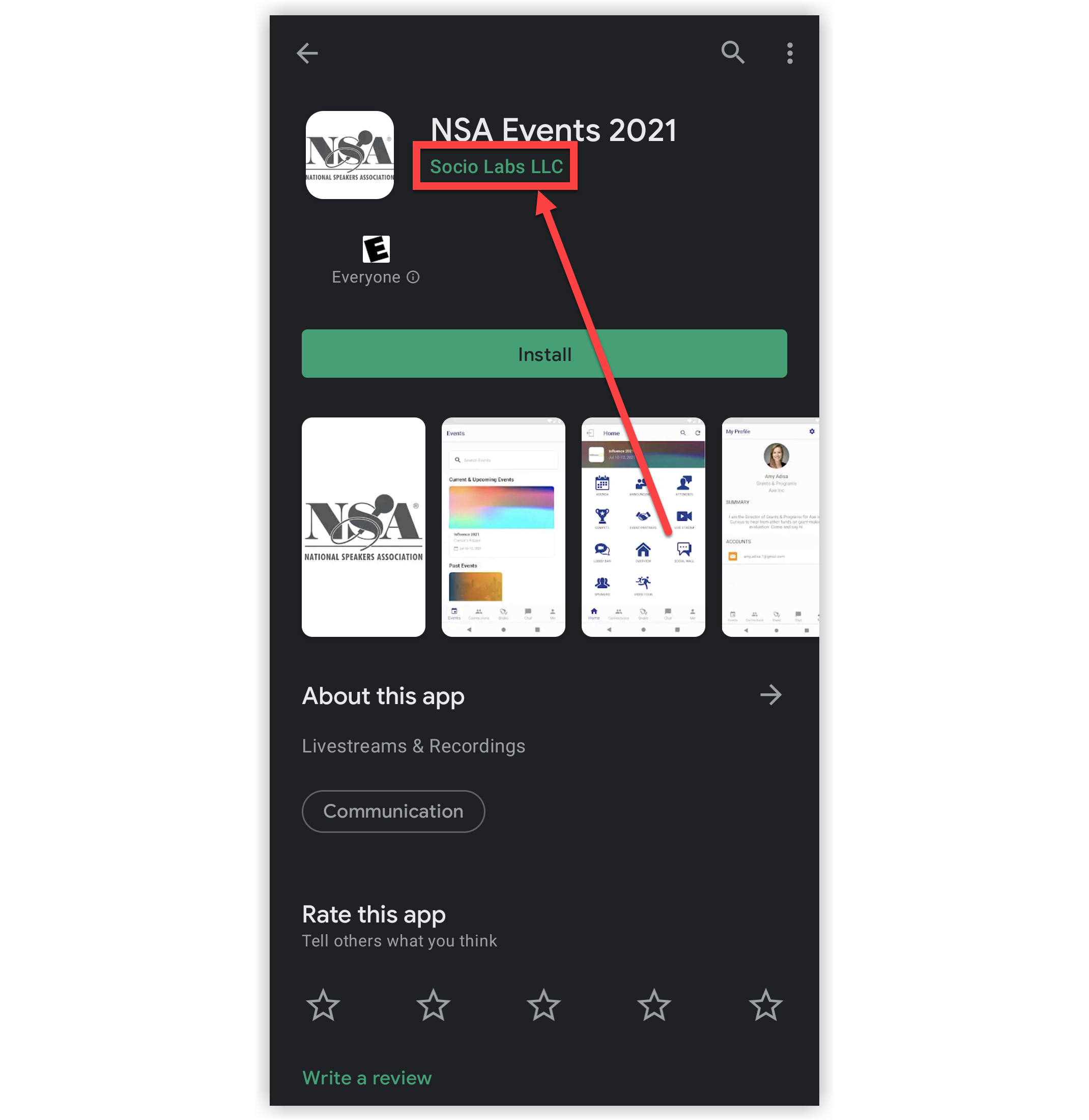 A Branded App's listing in the Google Play Store. The developer name, Socio Labs LLC, is indicated.
