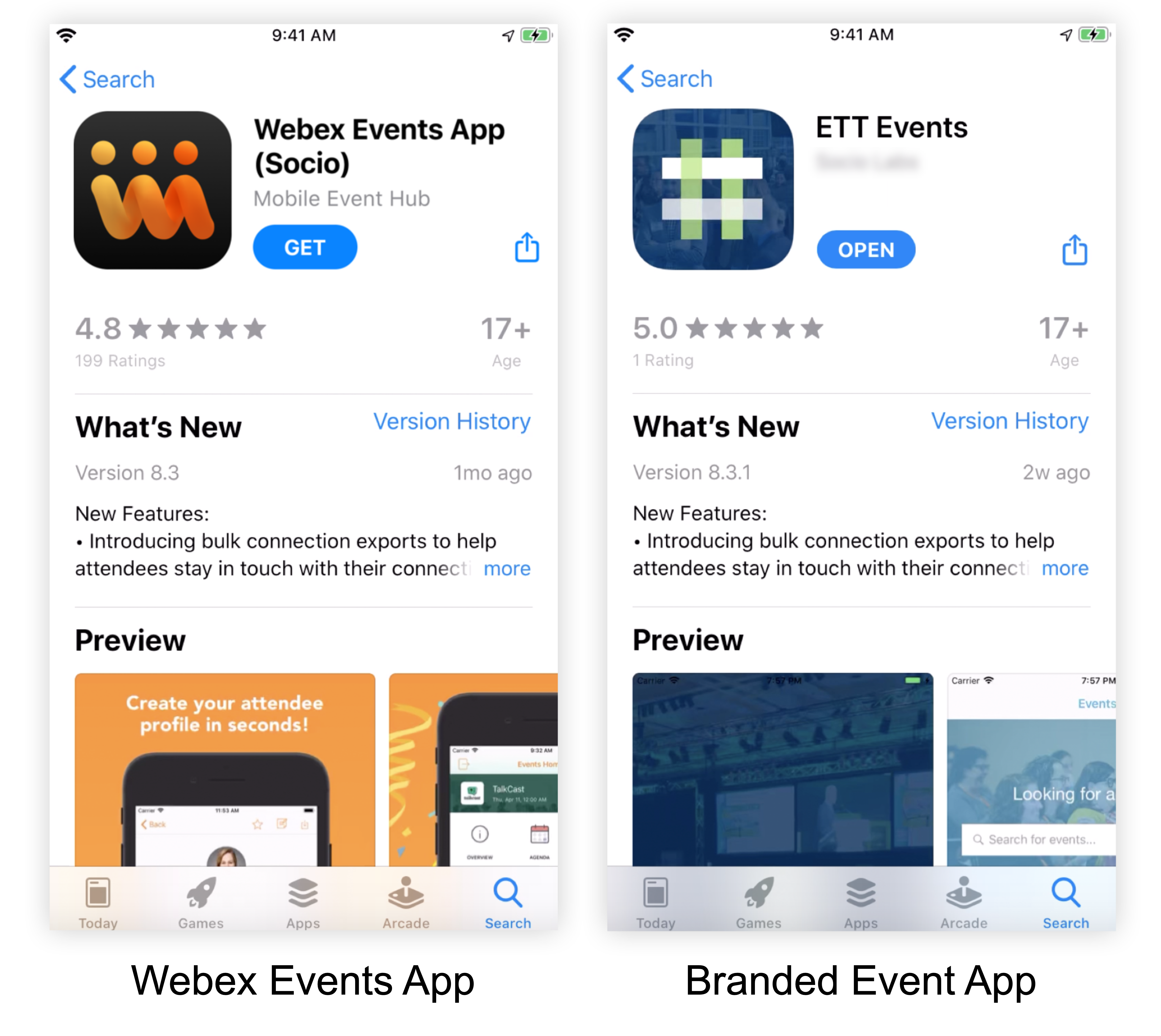 The Webex Events App in the Apple App Store and a Branded App in the Apple App store.