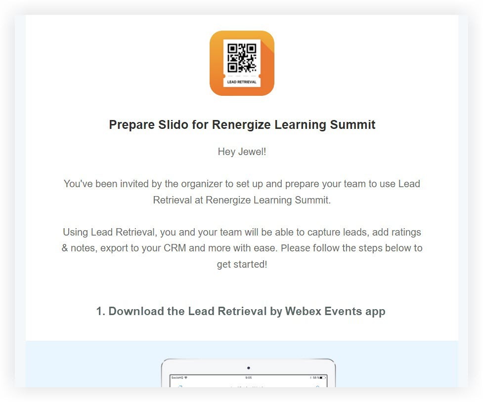 The Lead Retrieval invitation email for exhibitors.