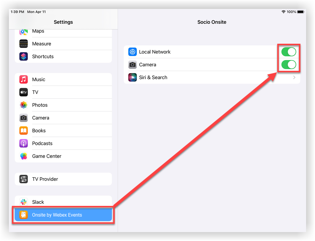 The Onsite by Webex Events app's settings in an iPad's settings menu.