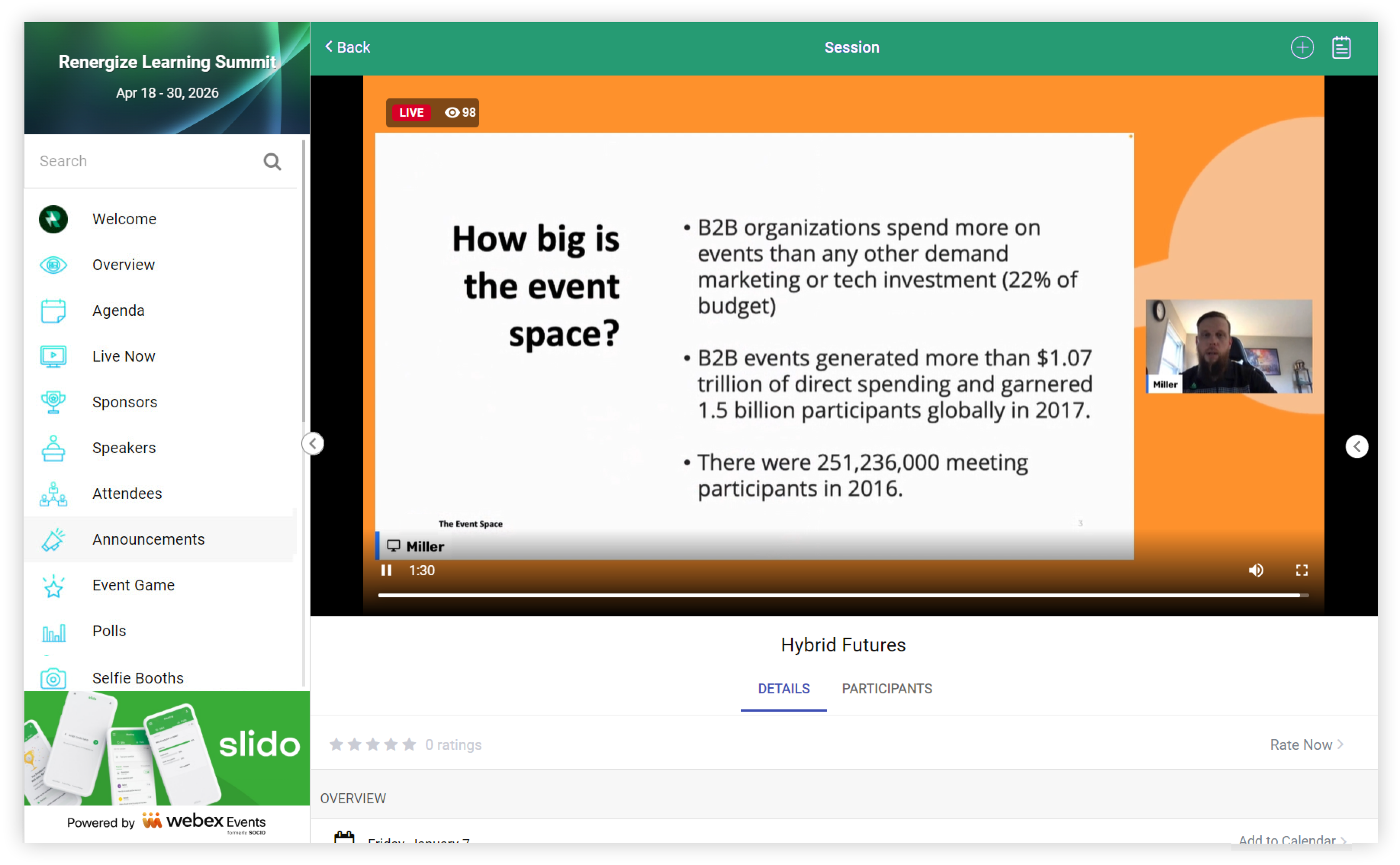Simulive video playing in an Agenda session.