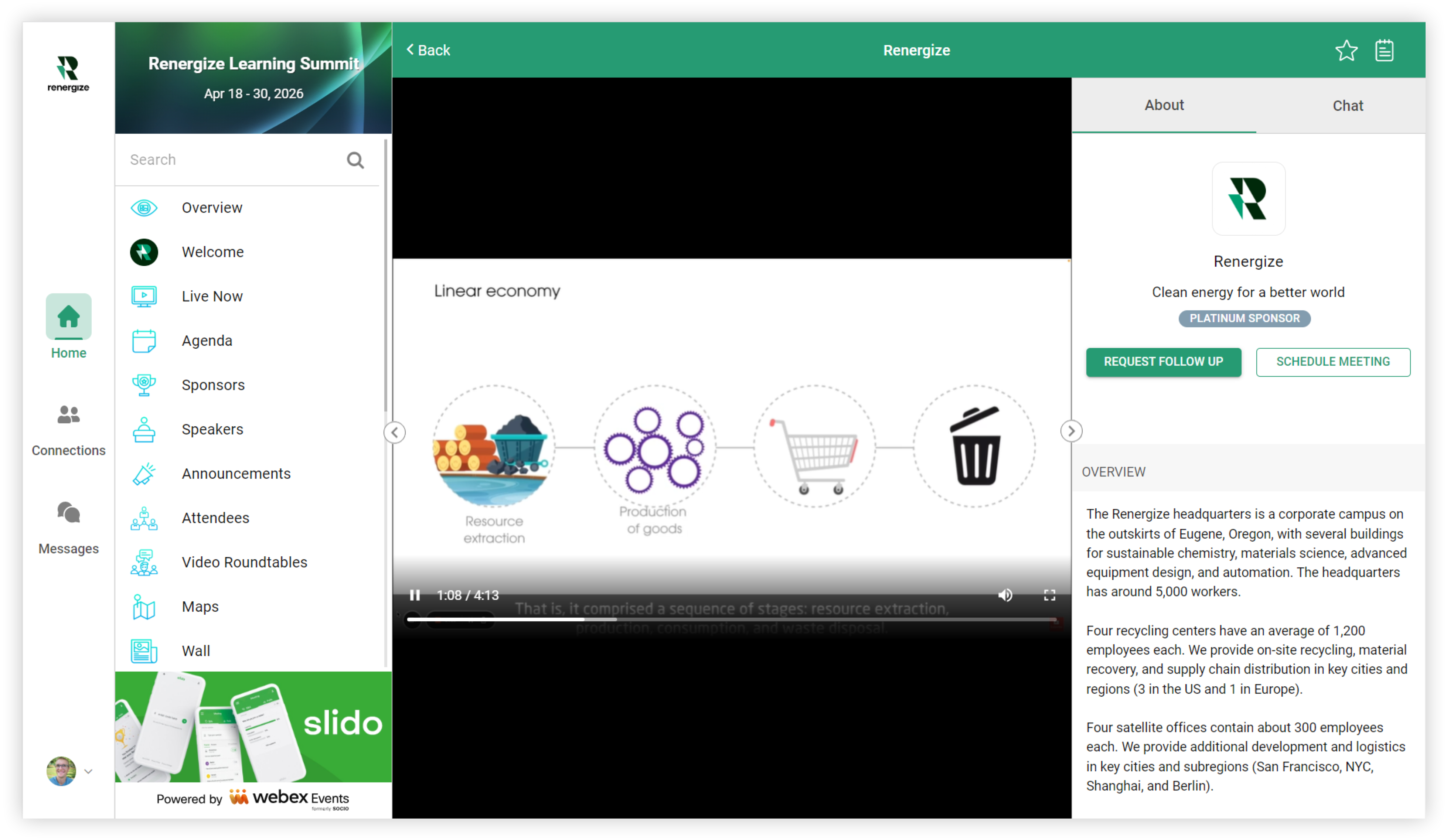 A Sponsor profile on the Web App with Video on Demand video playing.3
