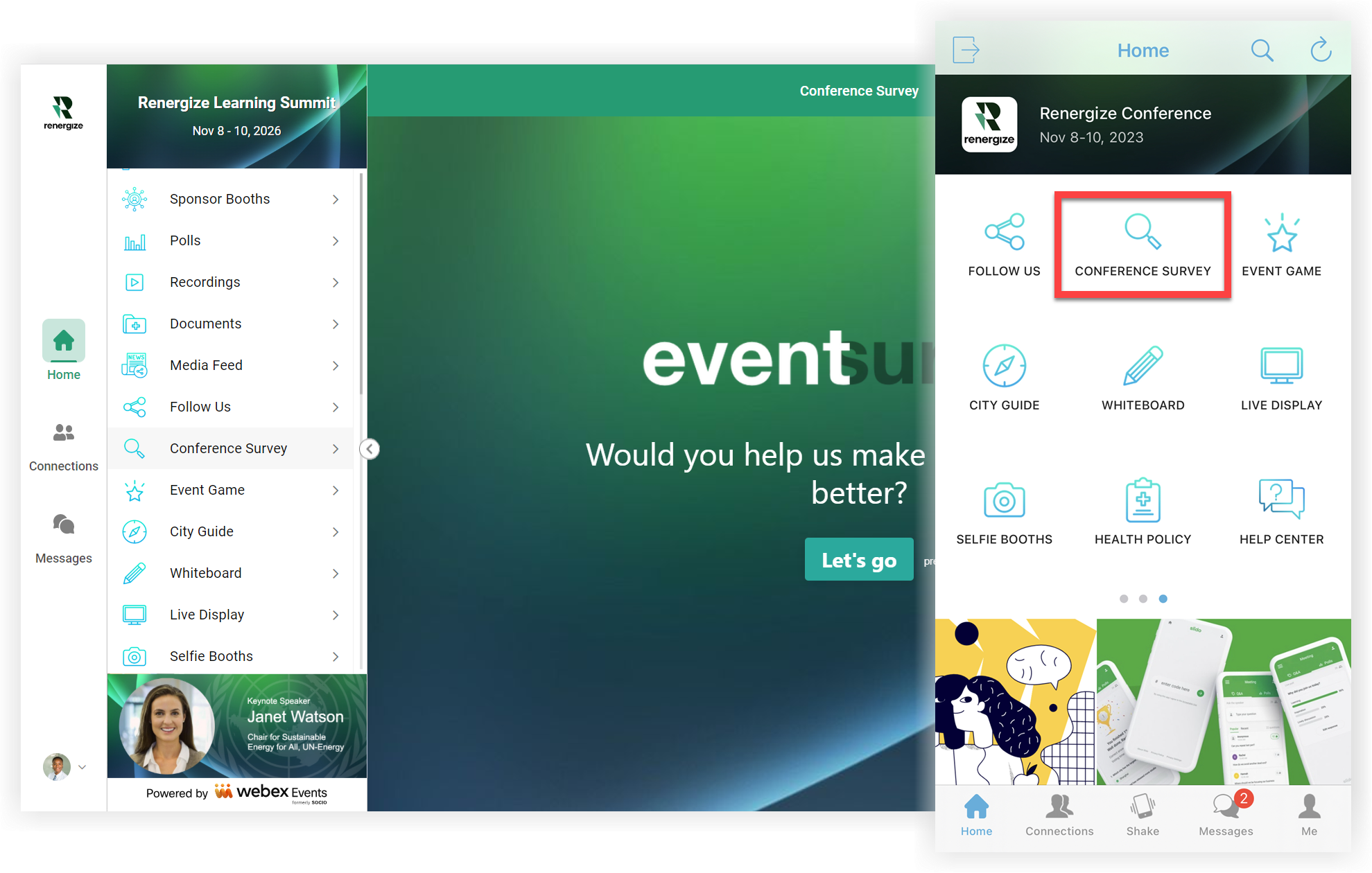 A Web Link feature icon in the Mobile App and a survey embedded via the Web Link feature in the Web App.