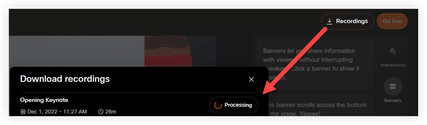 The Recordings button and Download recordings modal.