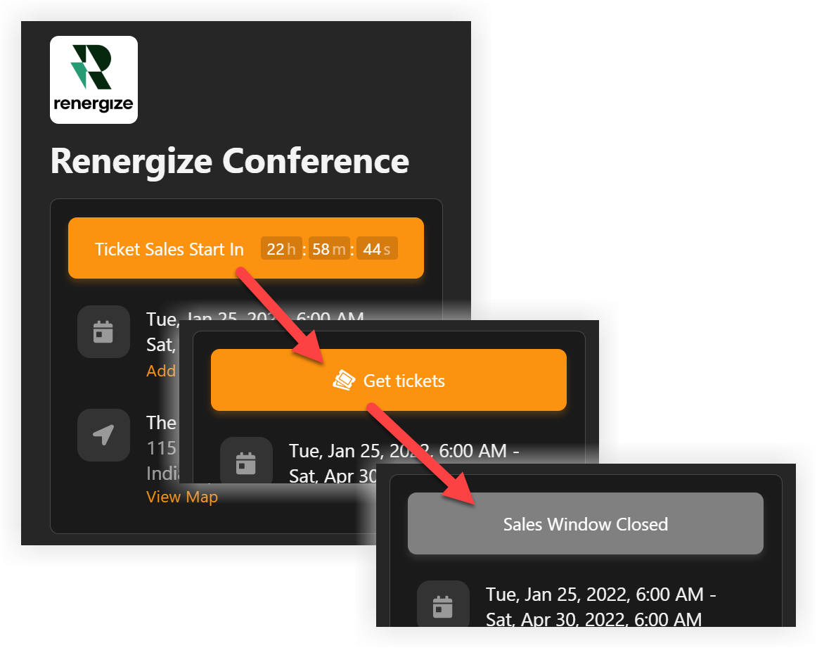 The 'Ticket Sales Start in', 'Get tickets', and 'Sales Window Closed' buttons on
the Registration page.