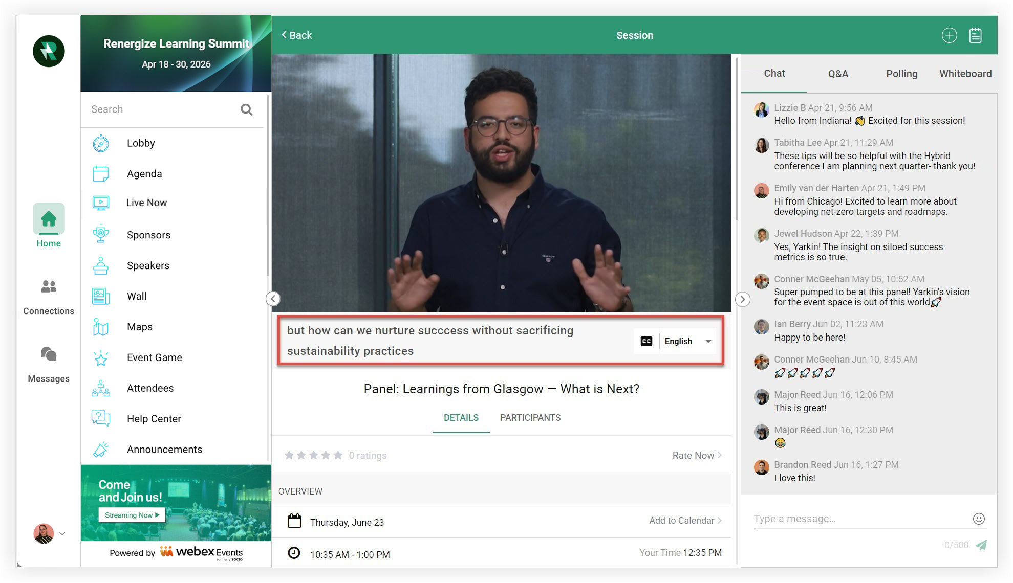 The Webex Events Closed Captions and Translations in a live stream on the Web App