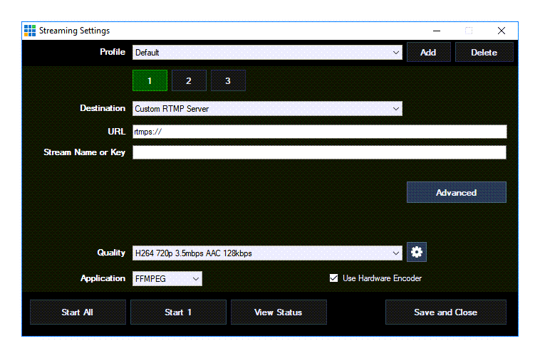 The Streaming Settings window in VMix.