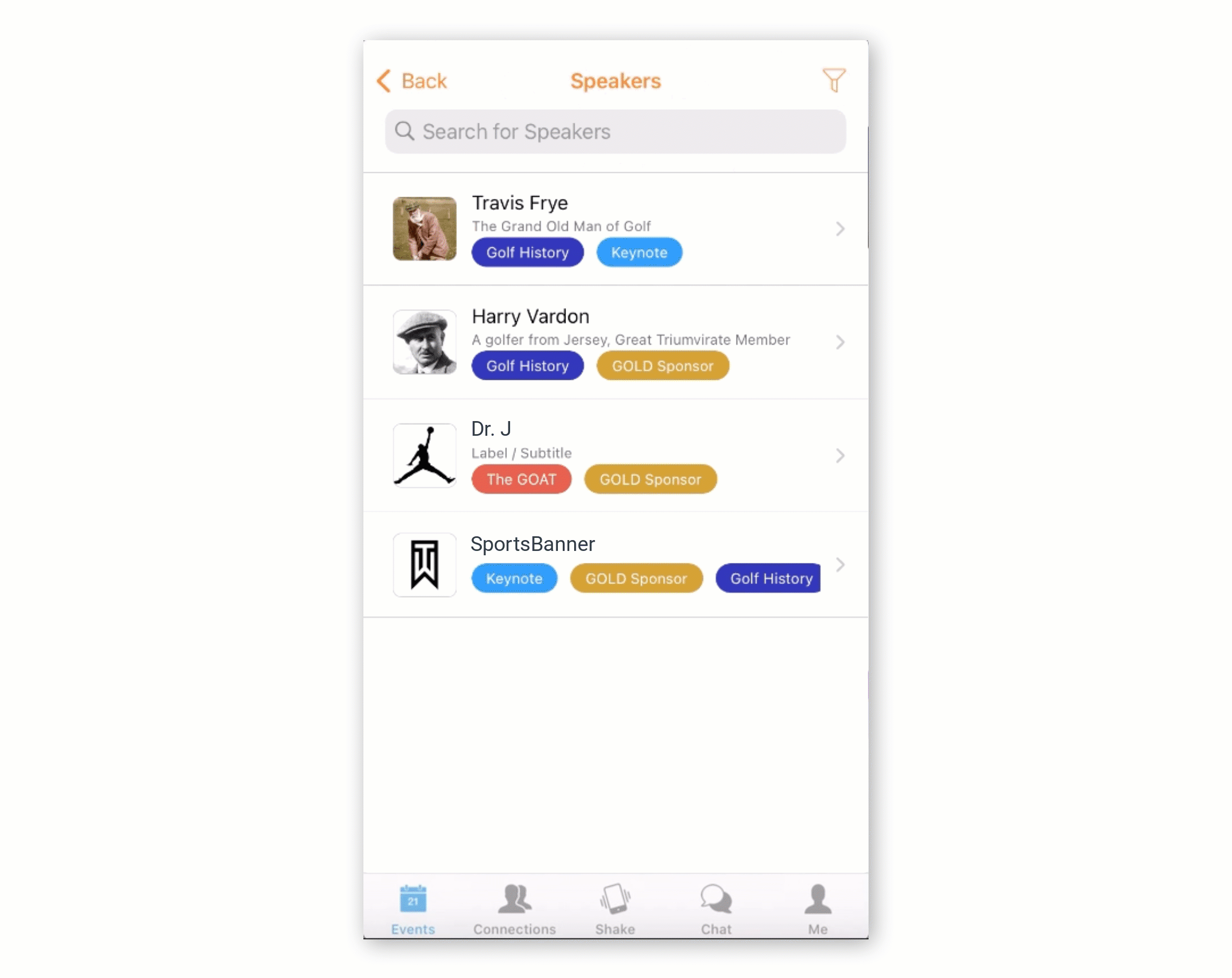 Animated GIF of a Speakers feature on a mobile device. The user is horizontally scrolling categories.
