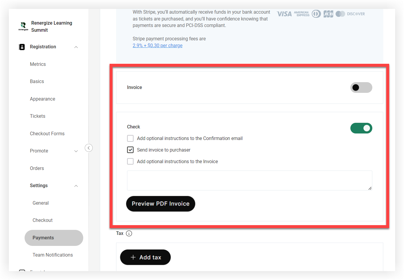 The Payment Options section of the Payments page. The Invoice and Check options are
indicated.