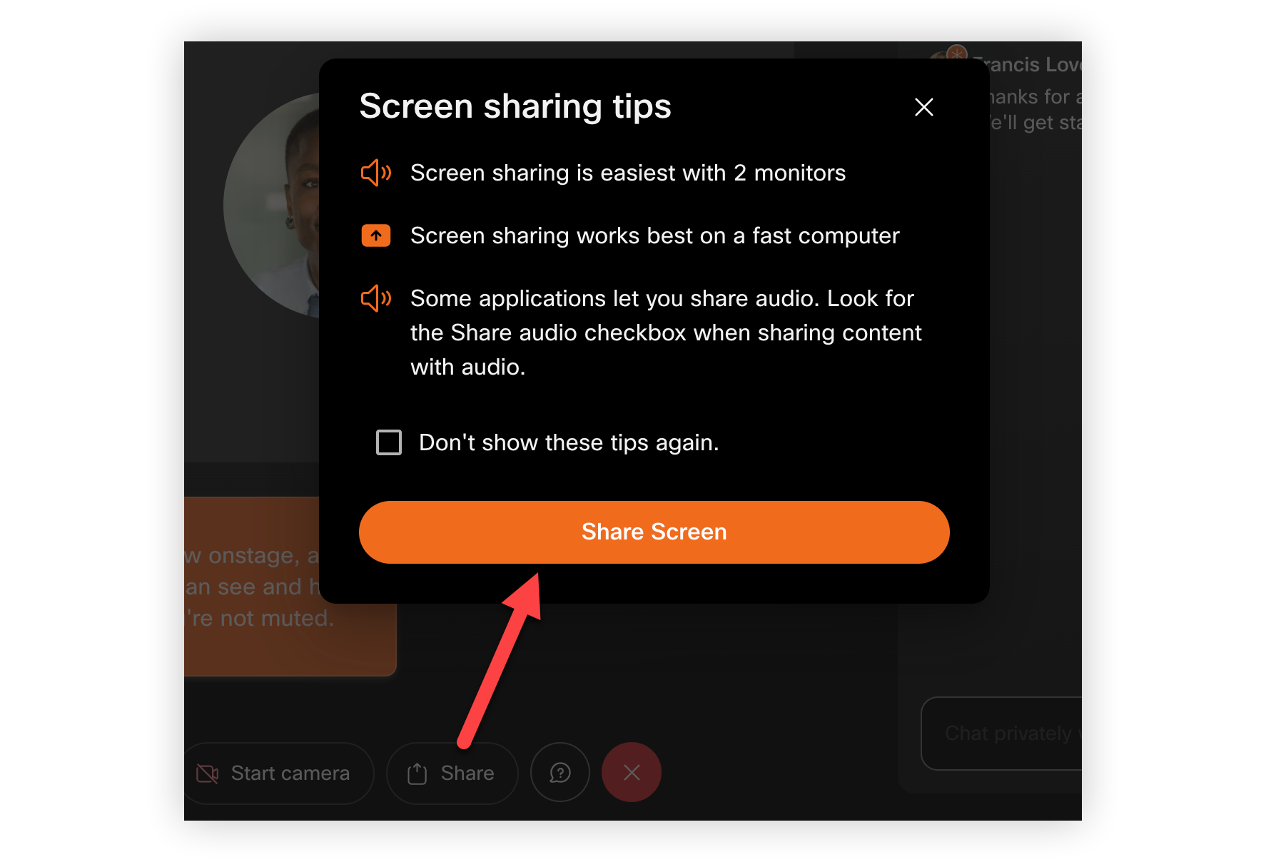The 'Share video file' button on the 'Screen sharing tips' modal.