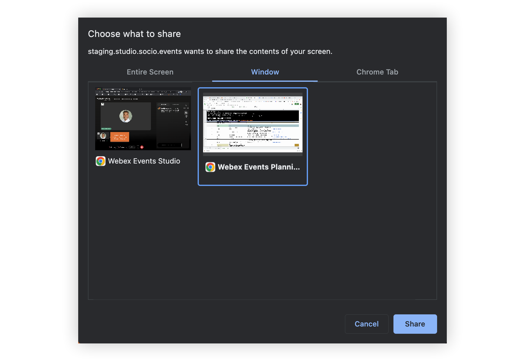 A window to share selected in the screen sharing modal.