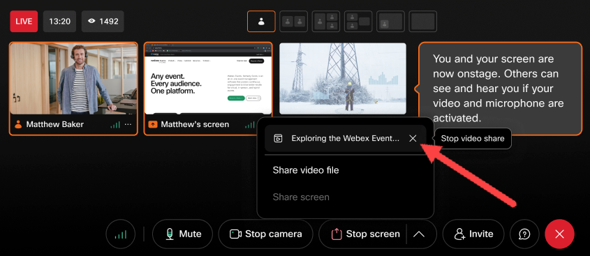 Click the Stop Sharing button in the control panel, then the X on the respective video(s) to stop sharing.