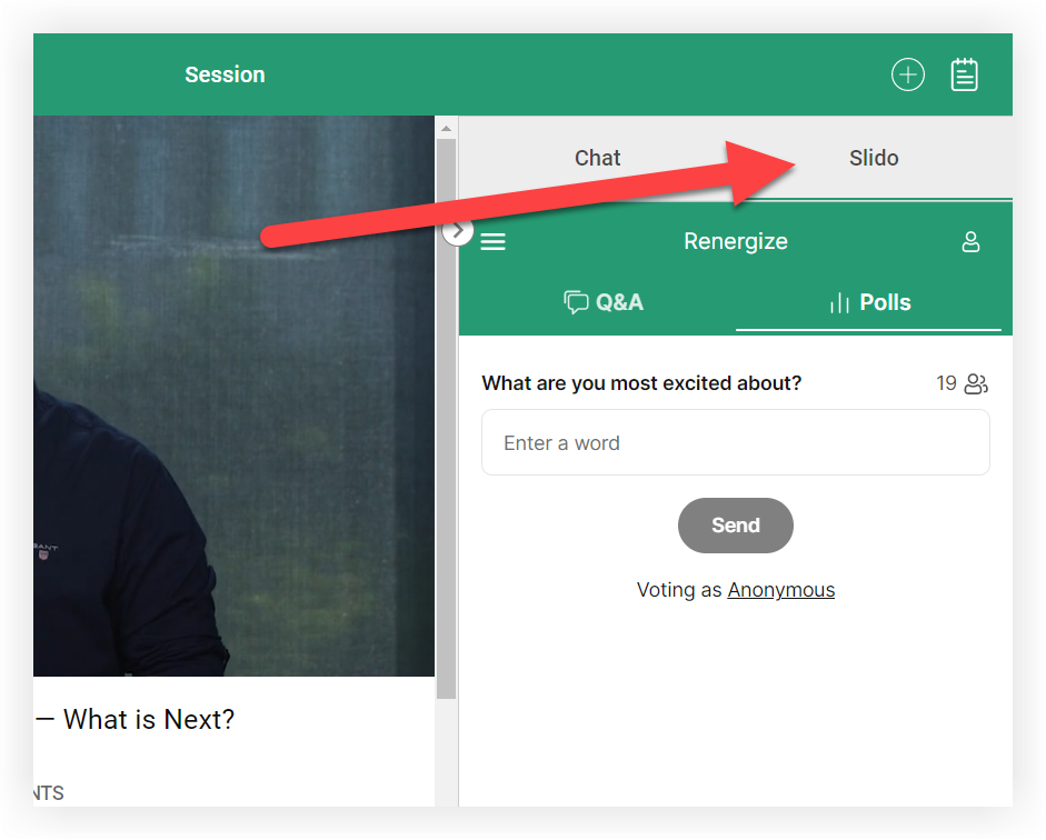 A Slido poll embedded in an Agenda session with a Custom Tab.