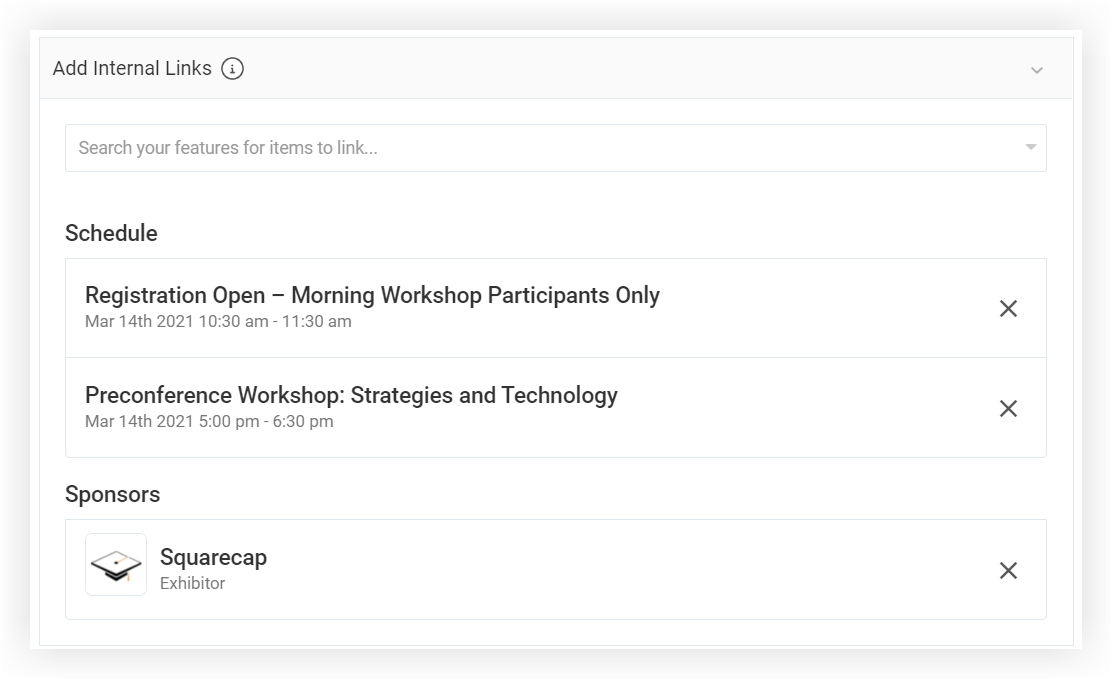 The Add Internal Links section of the Add Item modal.