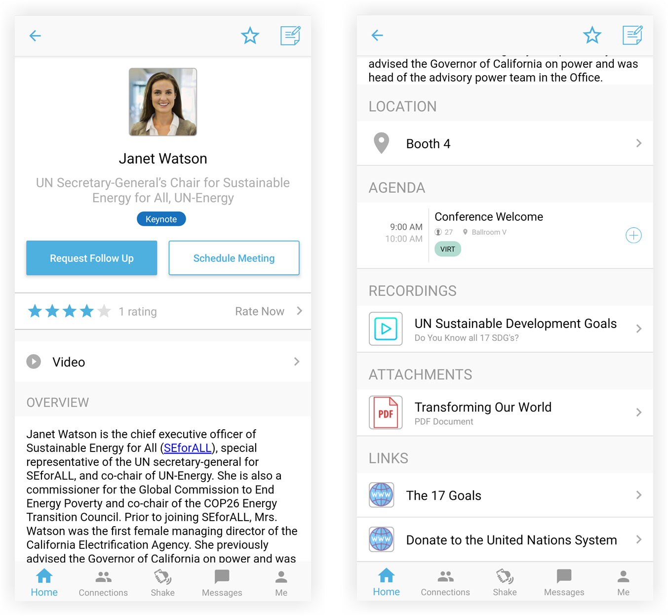 A speaker's profile in the mobile app with a location, session, recording, attachment, and several links.
