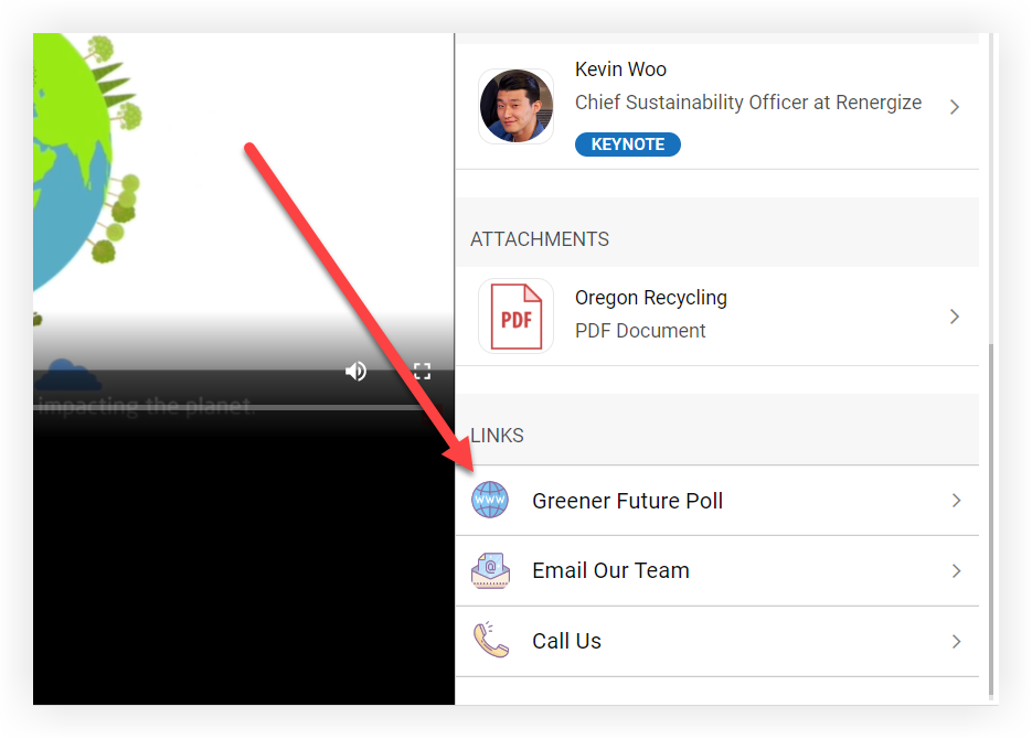 The Links section of a sponsor profile. A link to a Slido poll is indicated.