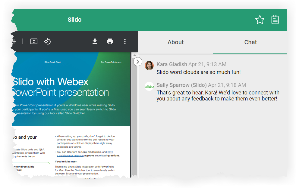 The chat tab in a sponsor profile. An attendee posted a chat, and a sponsor with an attendee profile posted a chat back.