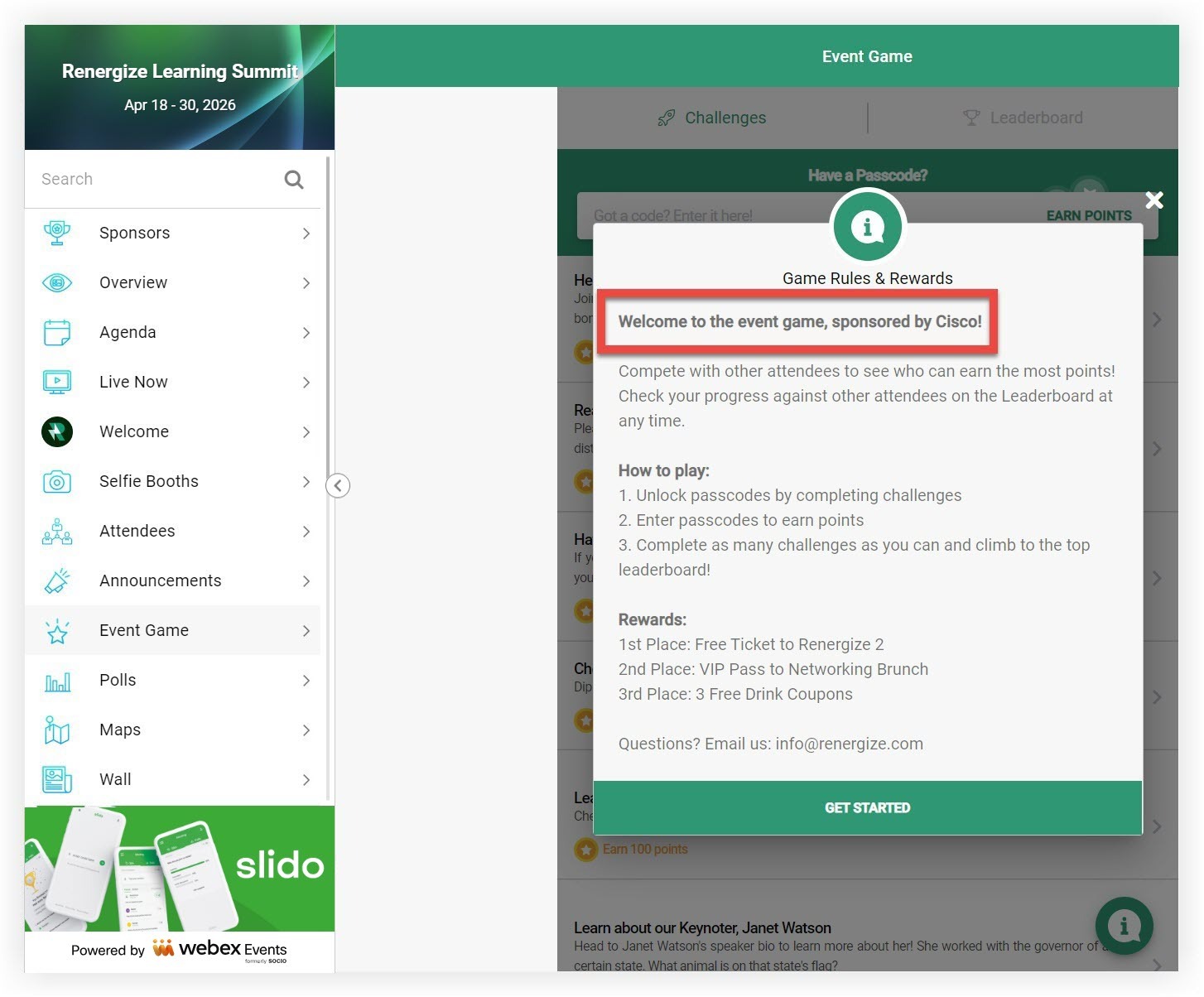 An Event Game rules modal on the Web App.